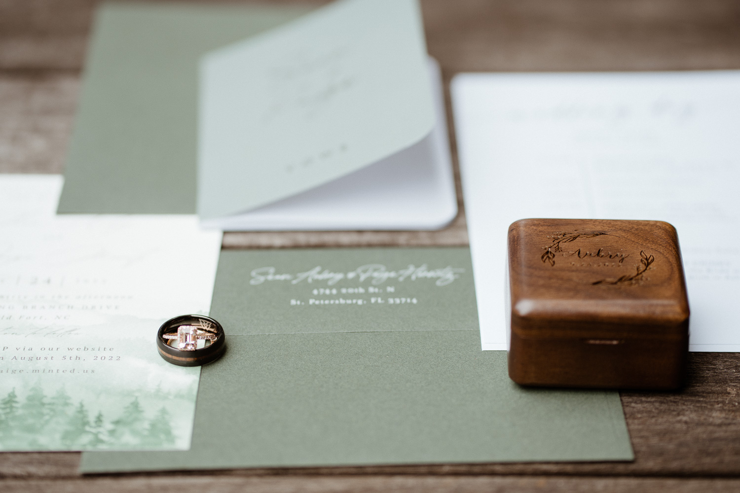Wedding rings and invitation flat lay from Asheville cabin elopement