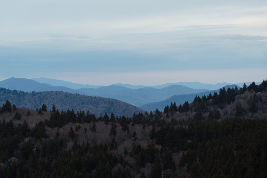 Blue Ridge Mountain view from Devil's Courthouse, cloudy and blue mountains.